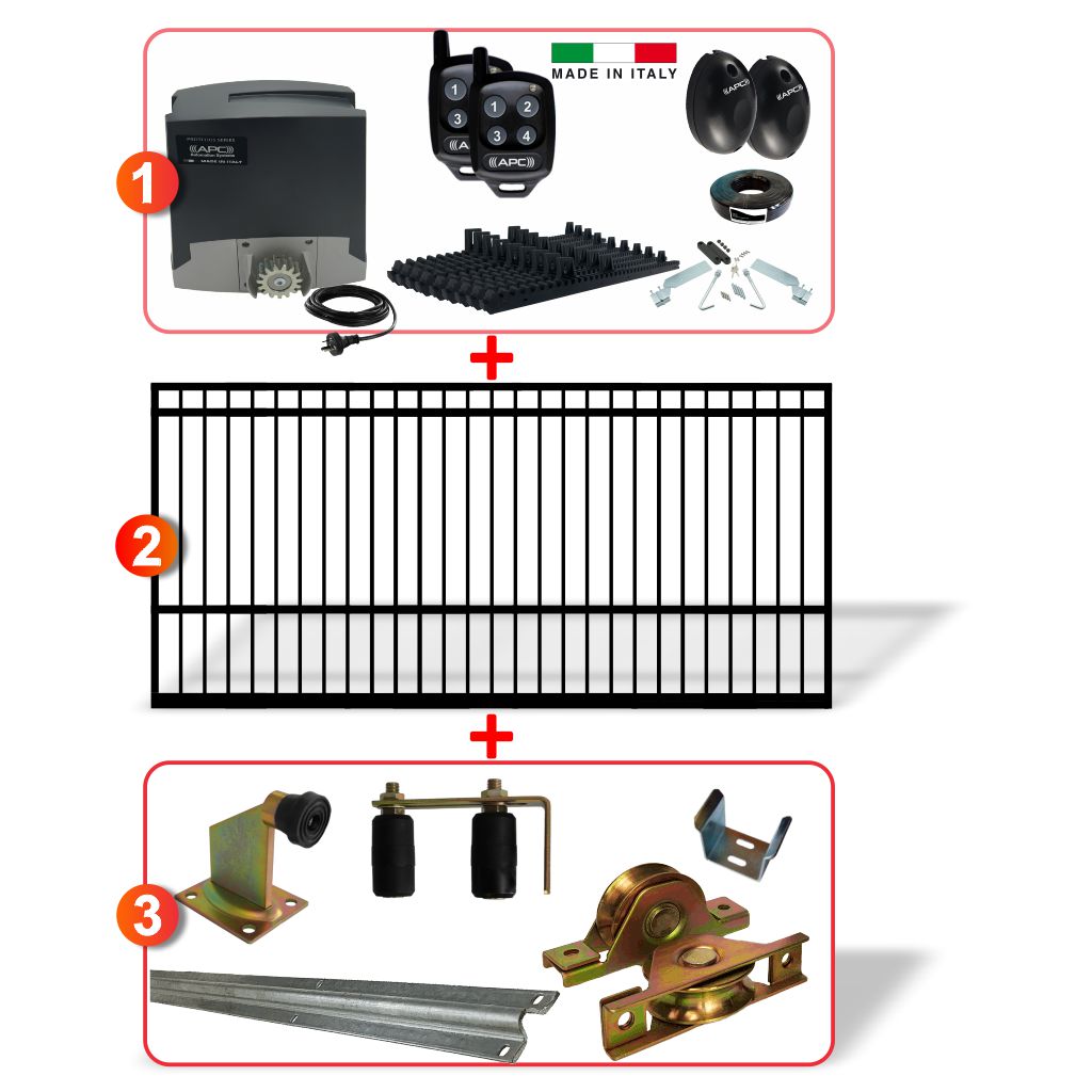 5m Square Top Gate including Sliding Gate Hardware and Heavy Duty Italian 500kg Sliding Gate Opener System